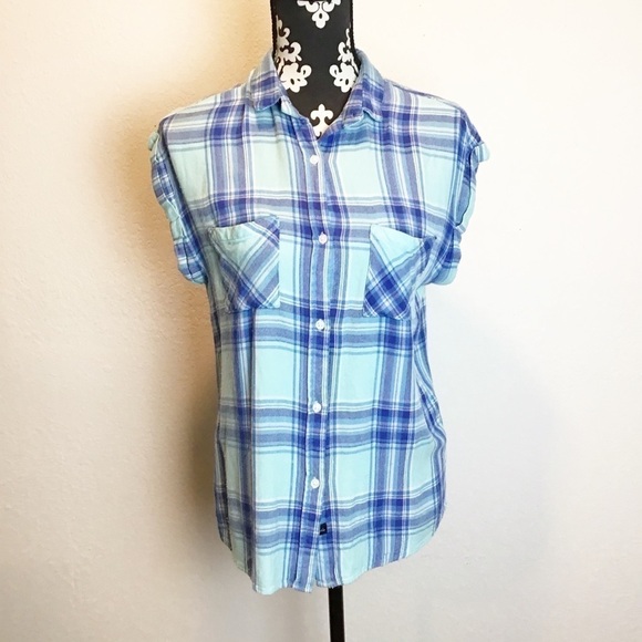 Rails Britt Tartan Plaid Cap Sleeve Button Front Top - Picture 2 of 14